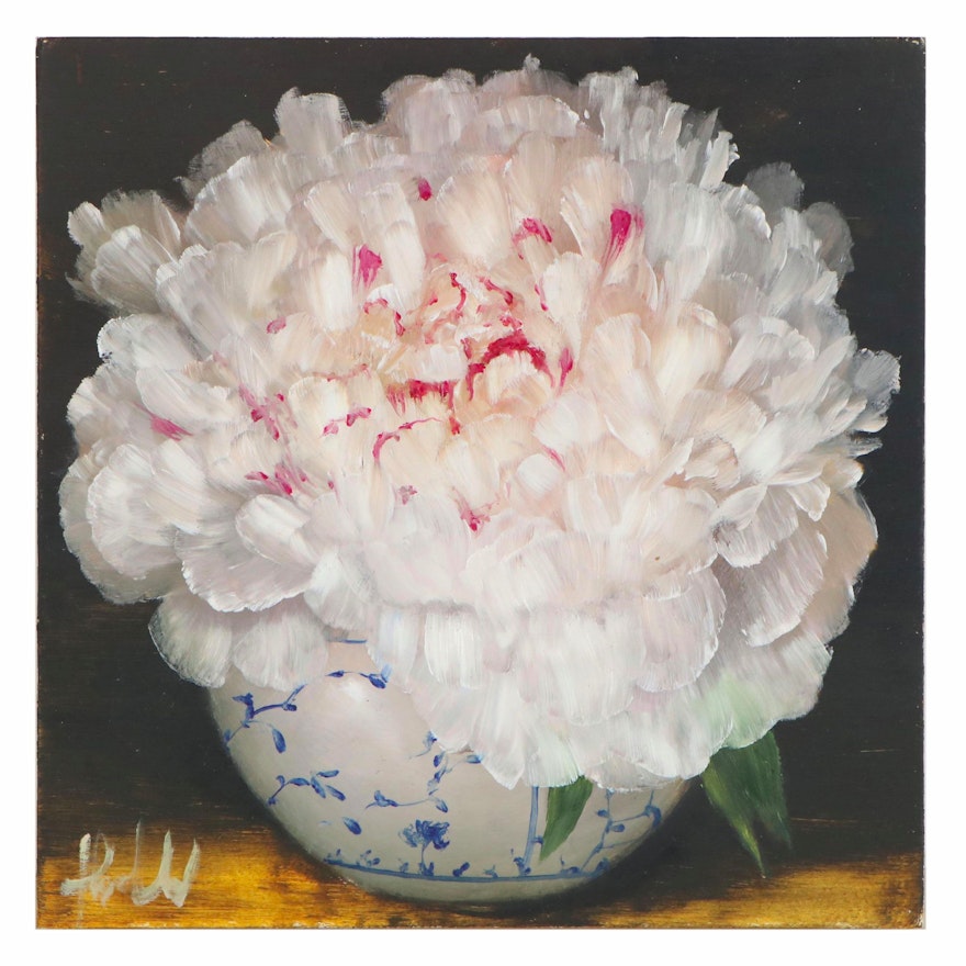 Thuthuy Tran Oil Painting "White Peonies, White Vase," 2020