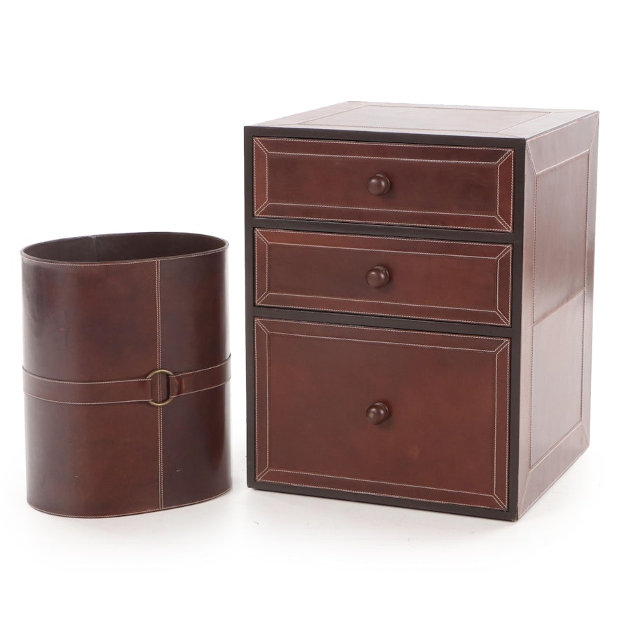 Stetson Leather Wrapped Office Cabinet and Wastebasket