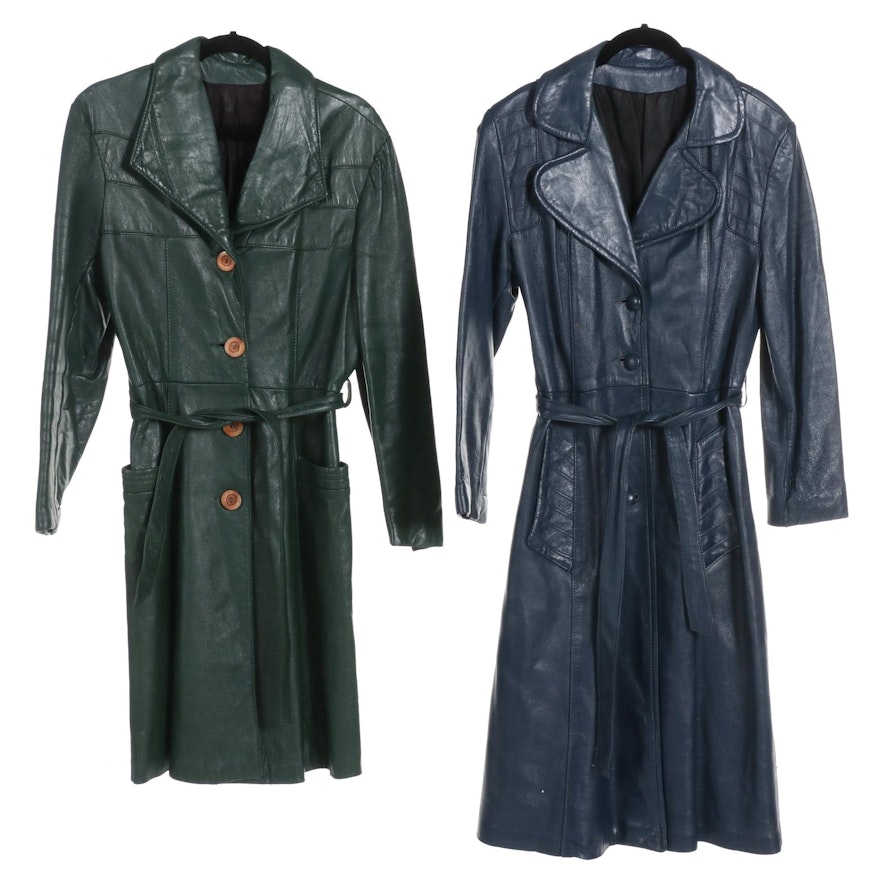 Two Button-Front Trench Coats in Navy Blue and Forest Green Leather