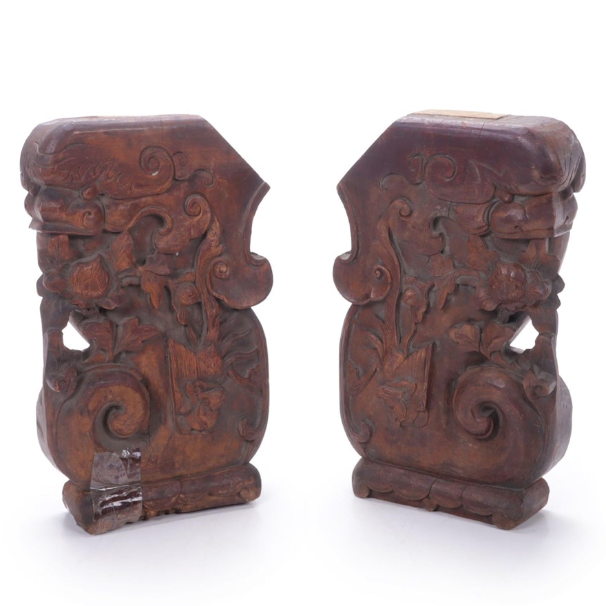 Chinese Style Phoenix and Peony Carved Wood Furniture Elements