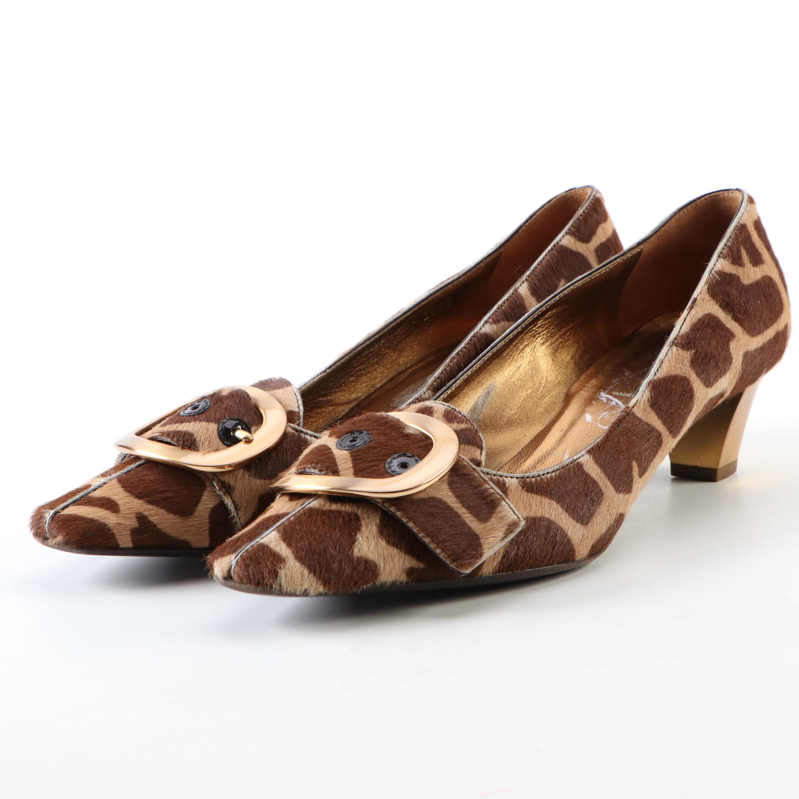 Prada Giraffe Printed Calf Hair and Metallic Pumps