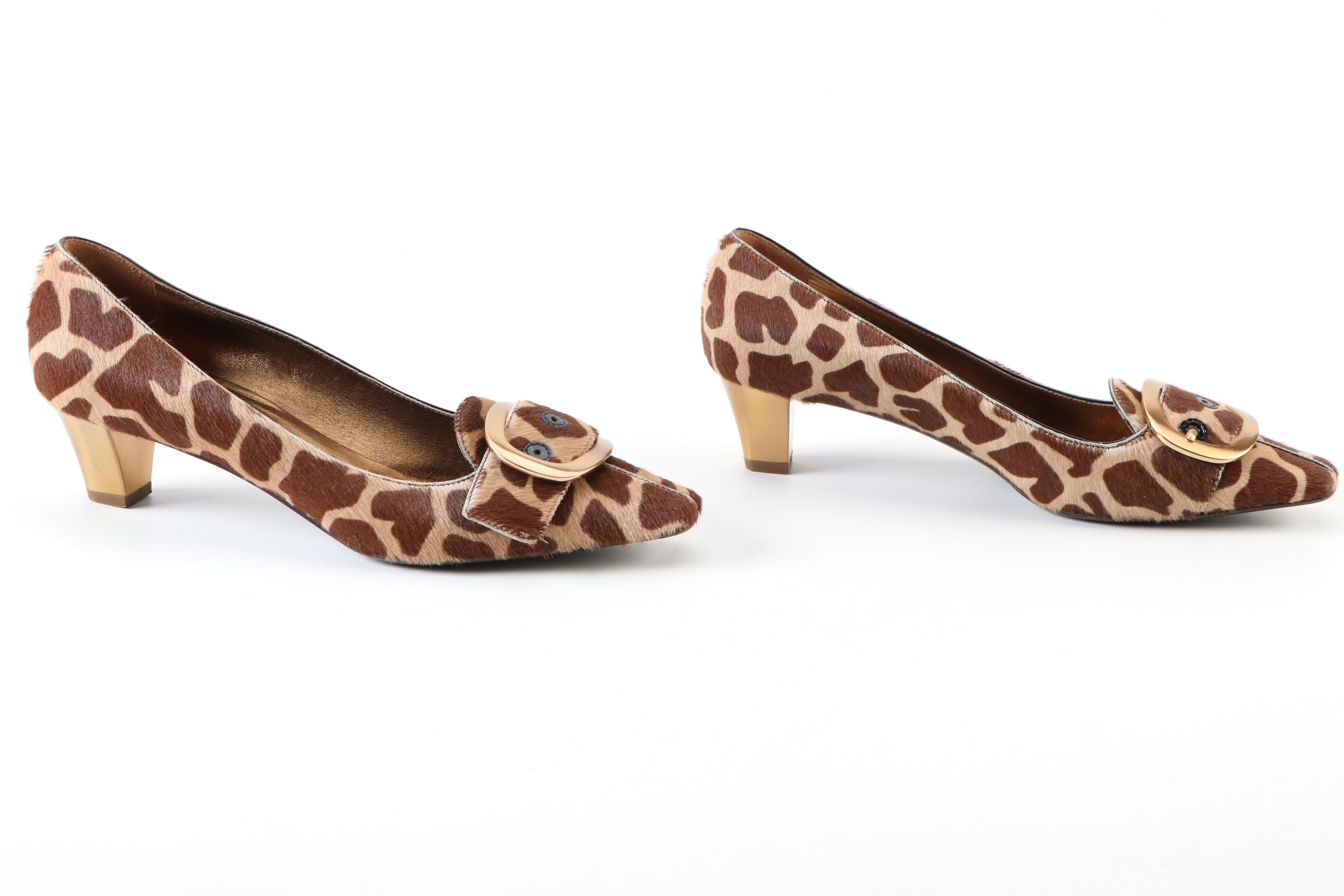 Prada Giraffe Printed Calf Hair and Metallic Pumps