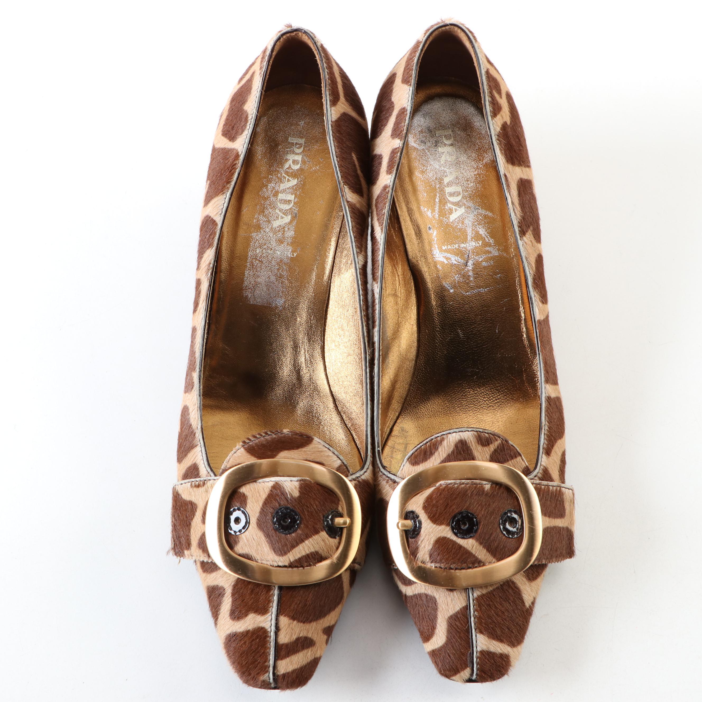 Prada Giraffe Printed Calf Hair and Metallic Pumps
