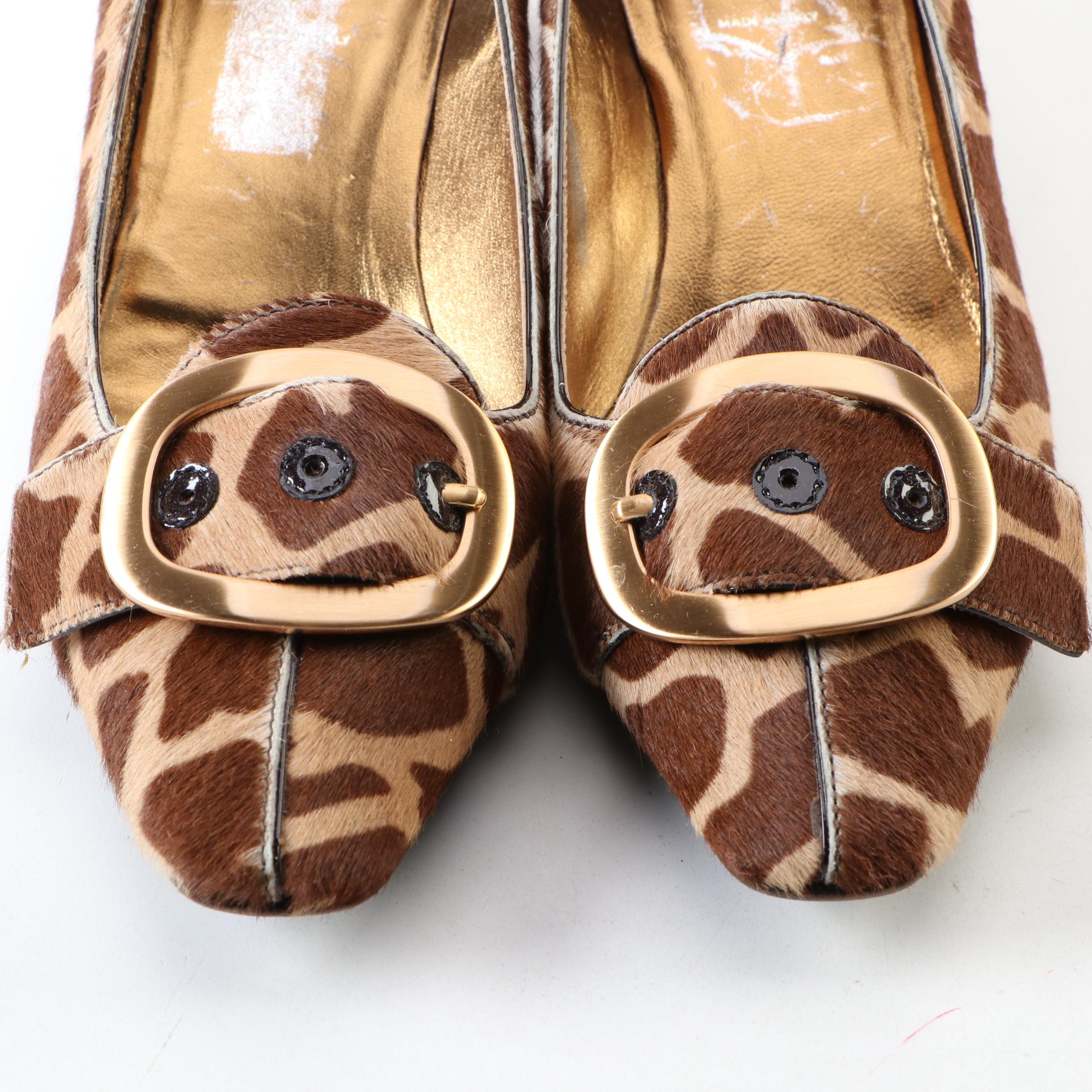 Prada Giraffe Printed Calf Hair and Metallic Pumps