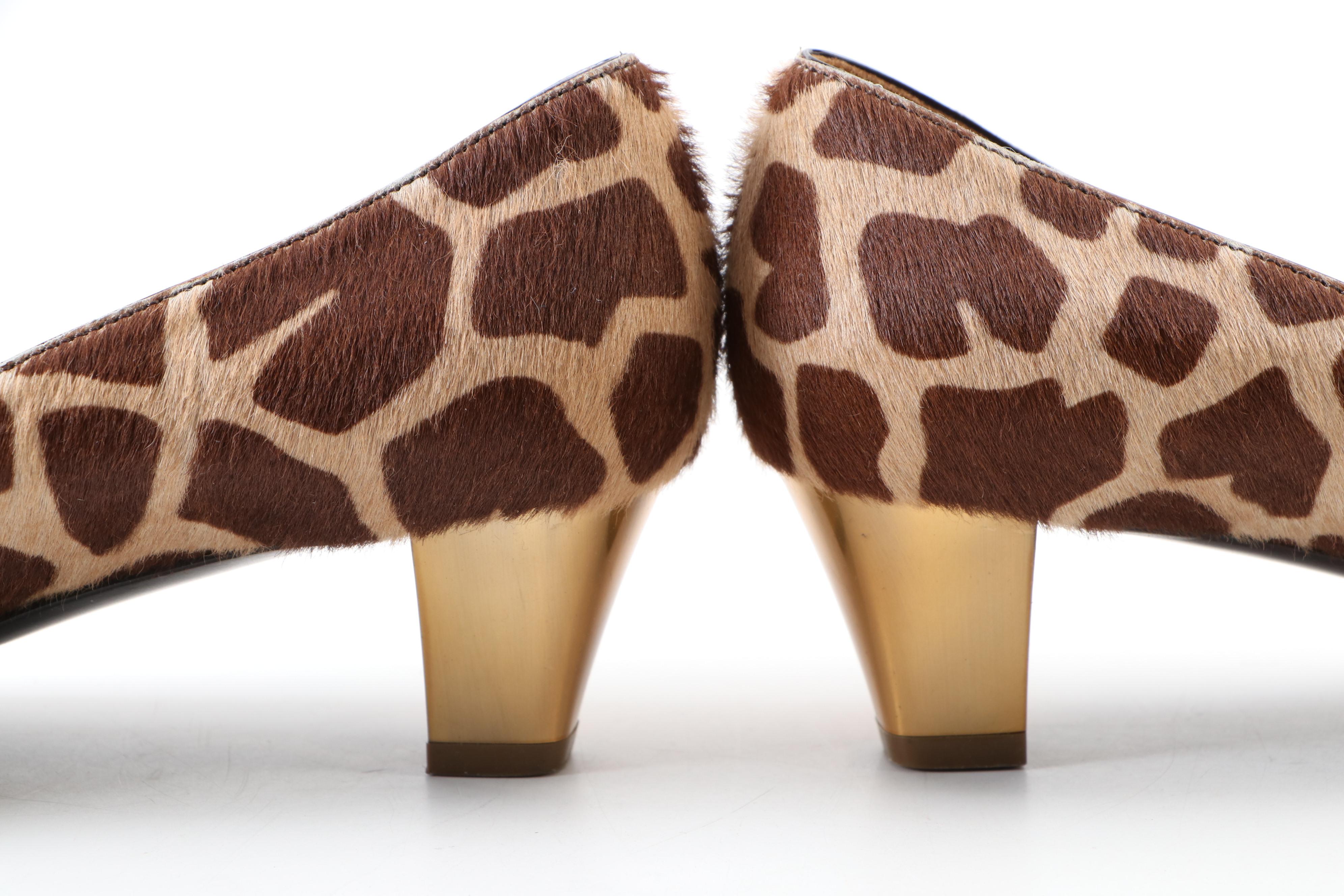 Prada Giraffe Printed Calf Hair and Metallic Pumps