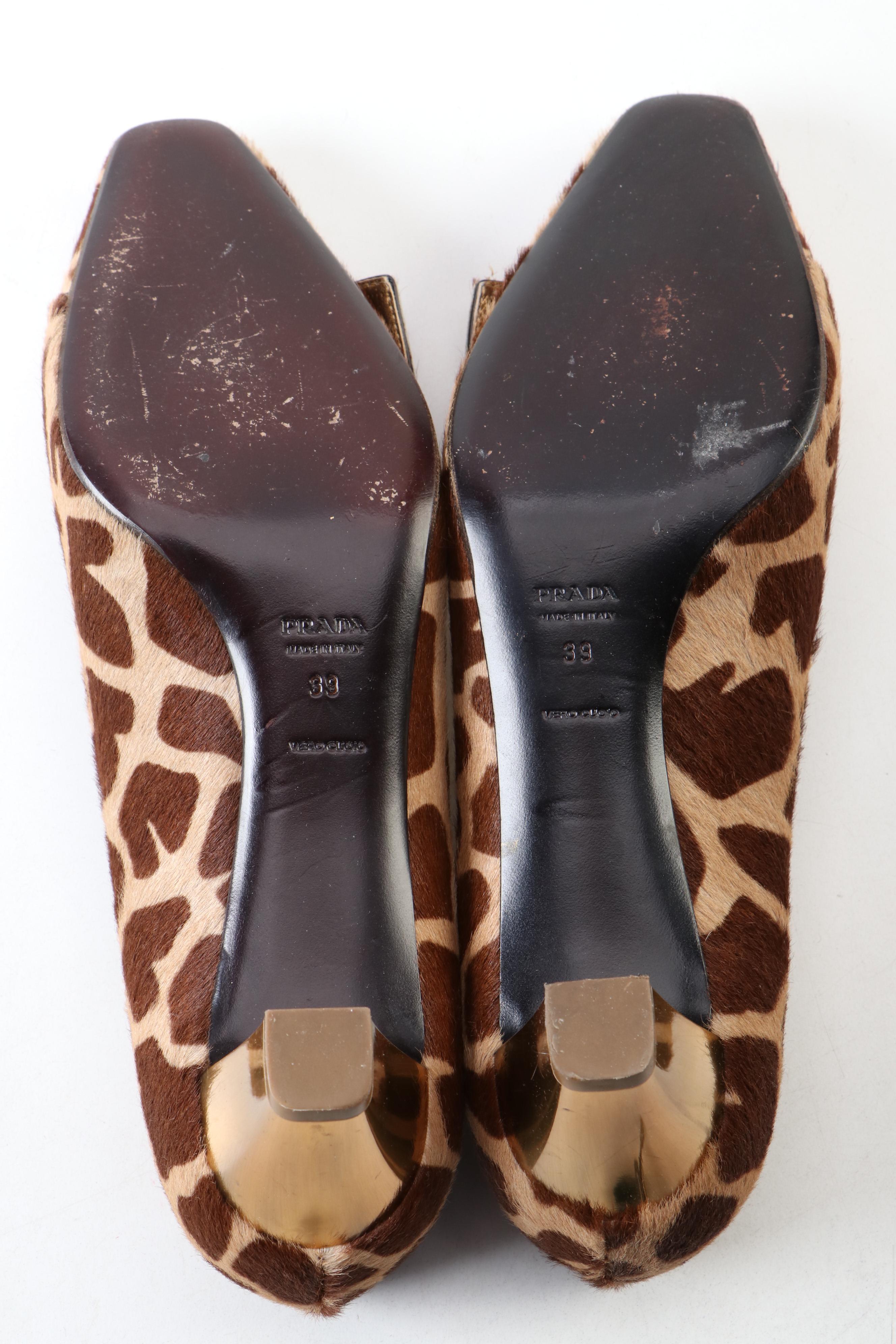 Prada Giraffe Printed Calf Hair and Metallic Pumps