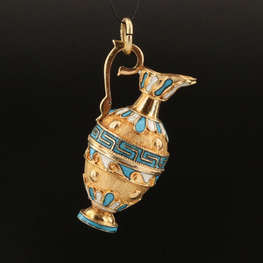 Vintage 14K Cloisonné Oenochoe Pendant