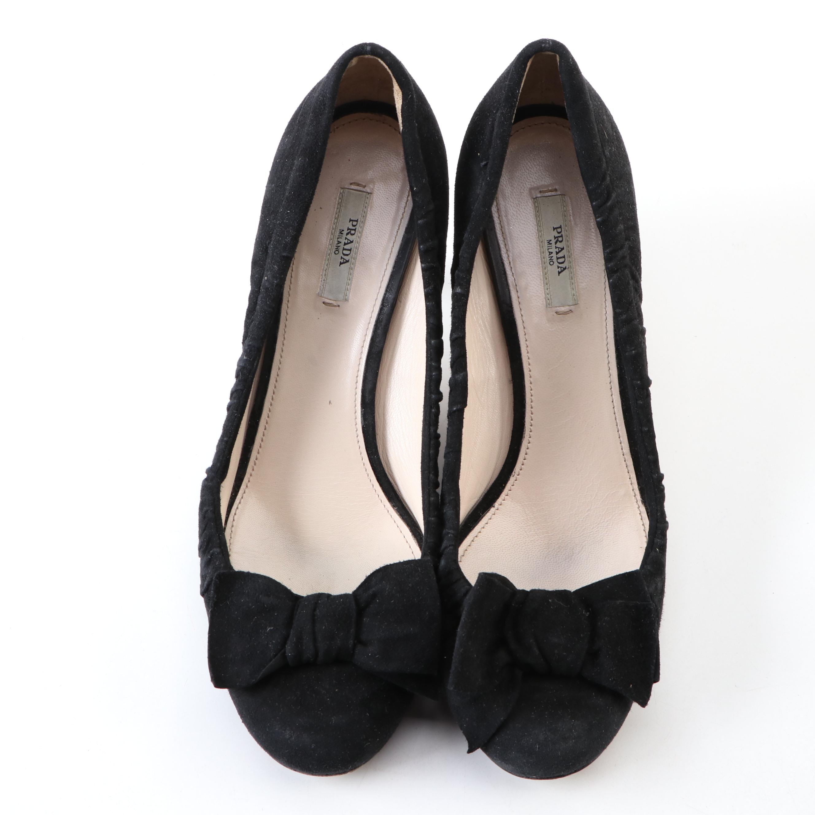 Prada Ruched Black Suede Bow Pumps
