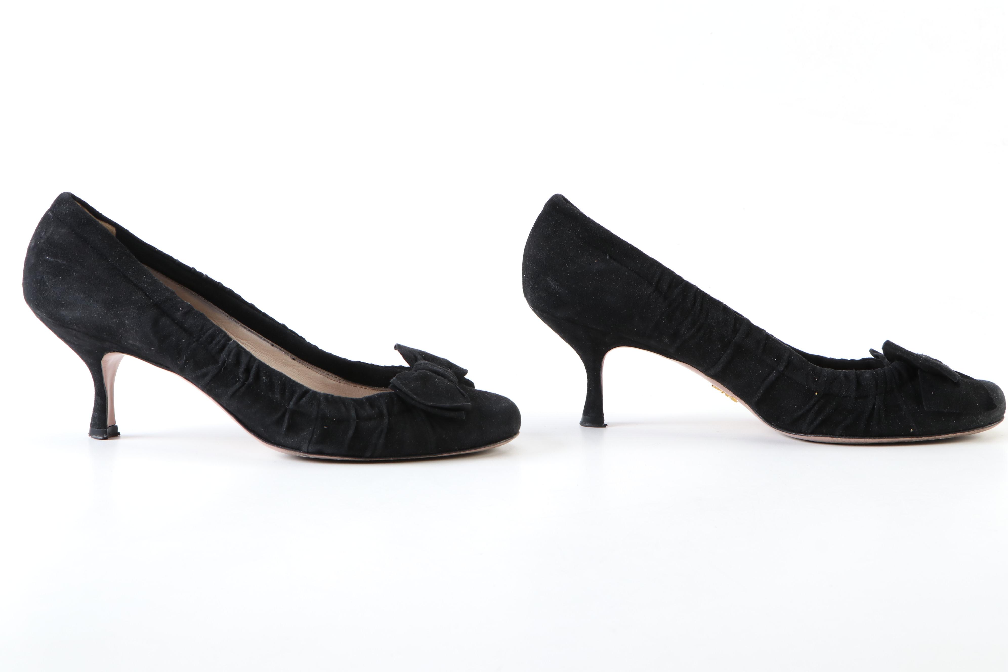 Prada Ruched Black Suede Bow Pumps
