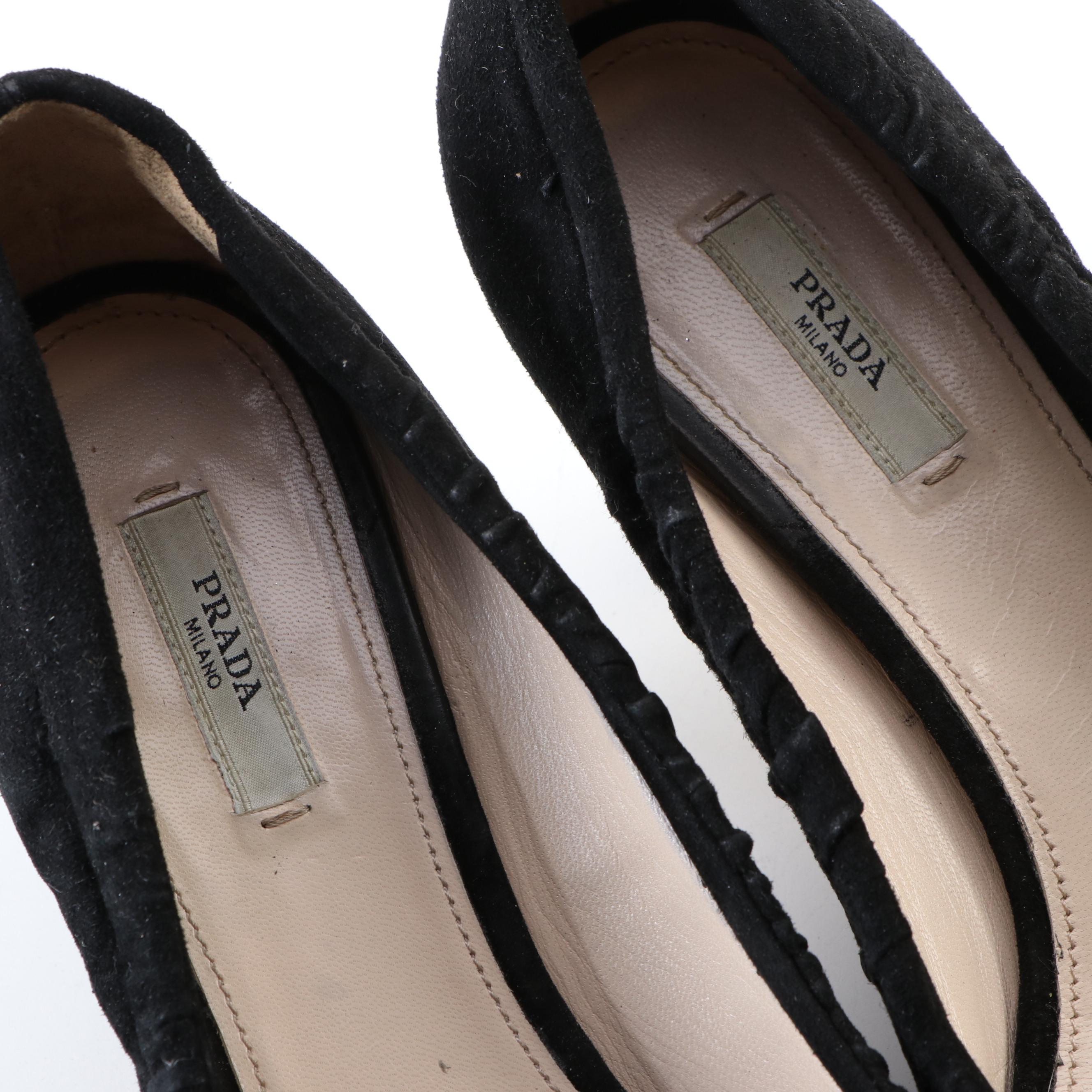 Prada Ruched Black Suede Bow Pumps