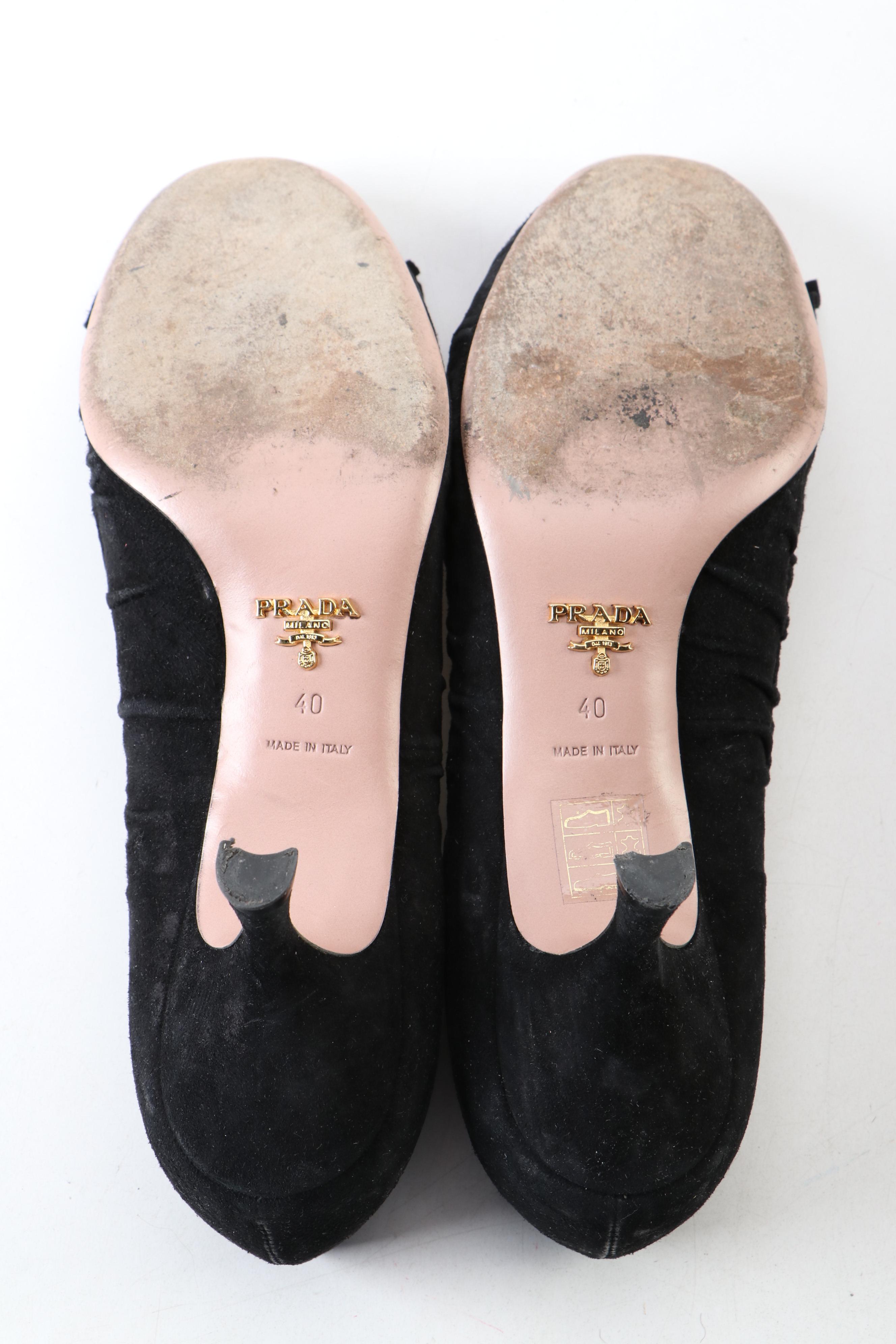 Prada Ruched Black Suede Bow Pumps