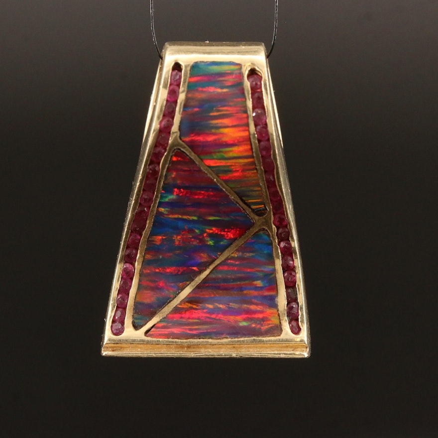 Contemporary 14K Ruby and Opal Channel Pendant