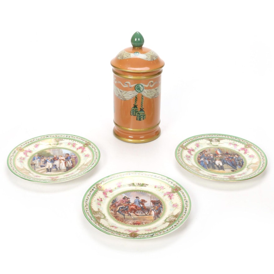 Count Thun Porcelain Factory Napoleon Plates and Ceramic Hand-Painted Canister