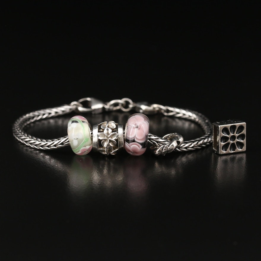 Sterling Silver Charm Bracelet Featuring Lampwork Glass Beads