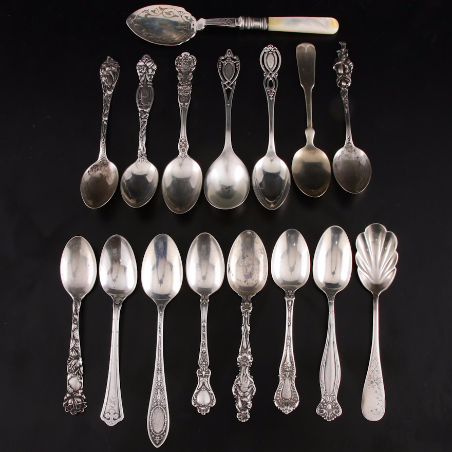 Sterling Silver Tea Spoons with Mother-of-Pearl Handled Serving Spoon