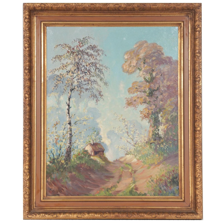 Oil Painting of Rural Path with Cottage, Mid to Late 20th Century