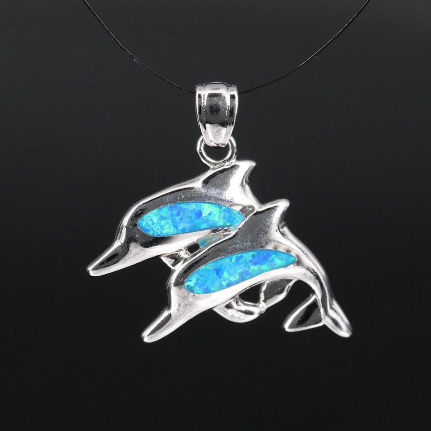 Sterling Silver Opal Dolphins Pendant