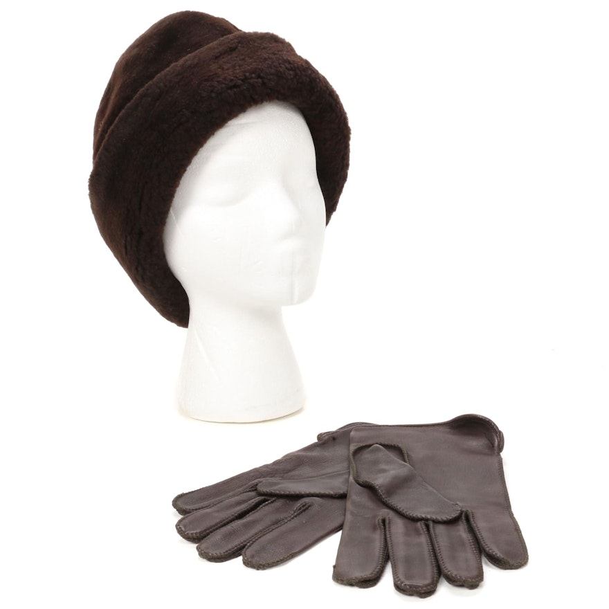 North King Brown Dyed Mouton Fur Hat with Fownes Brown Leather Gloves