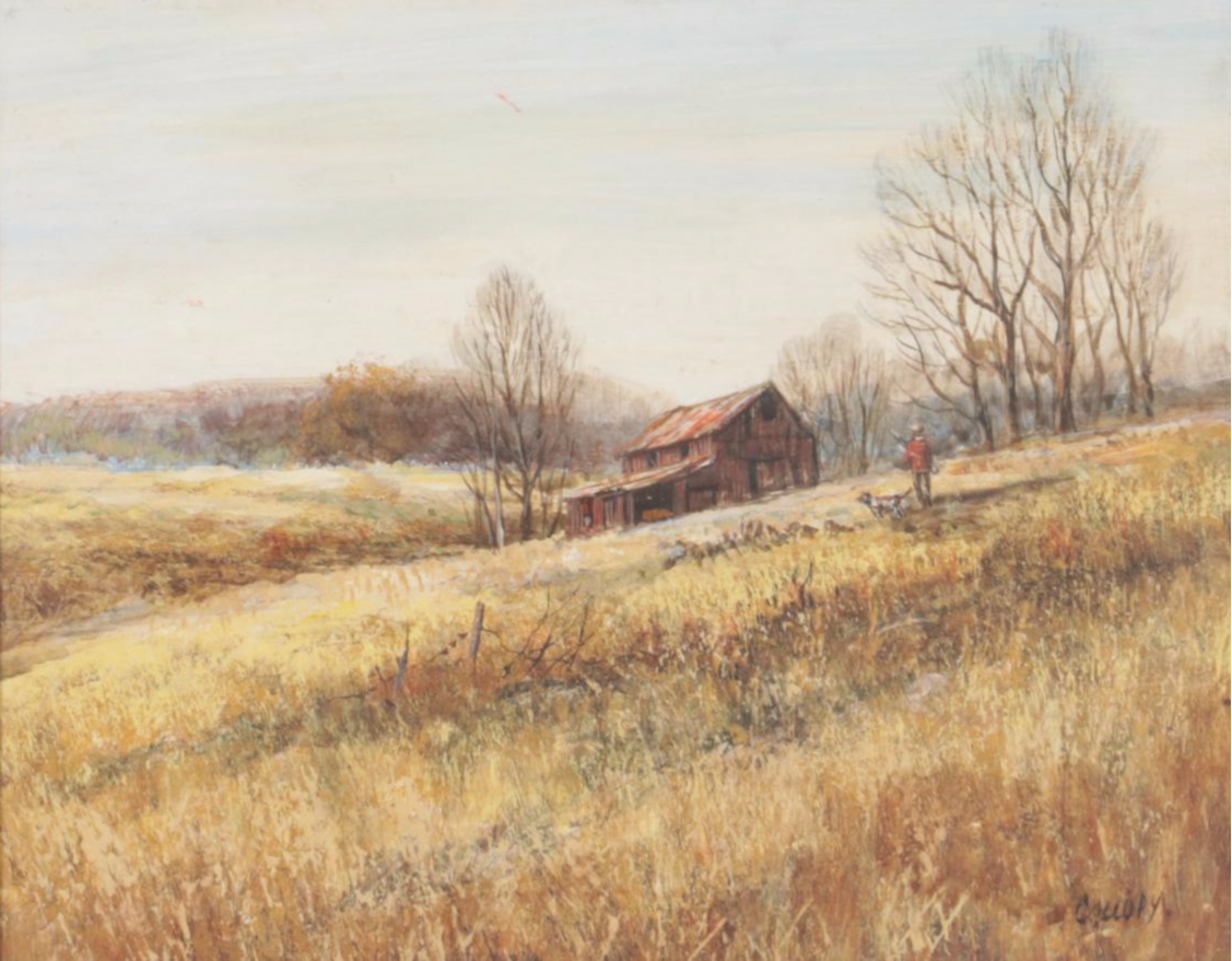 Richard Collopy Oil Painting of Rural Landscape with Hunter and Dog