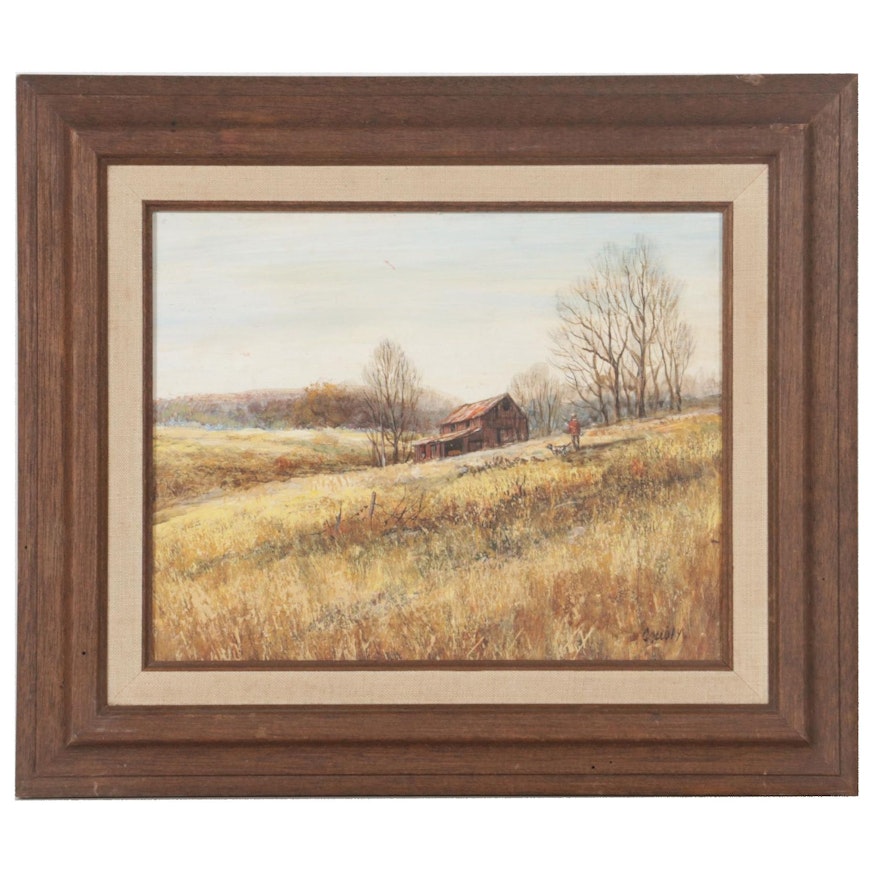 Richard Collopy Oil Painting of Rural Landscape with Hunter and Dog