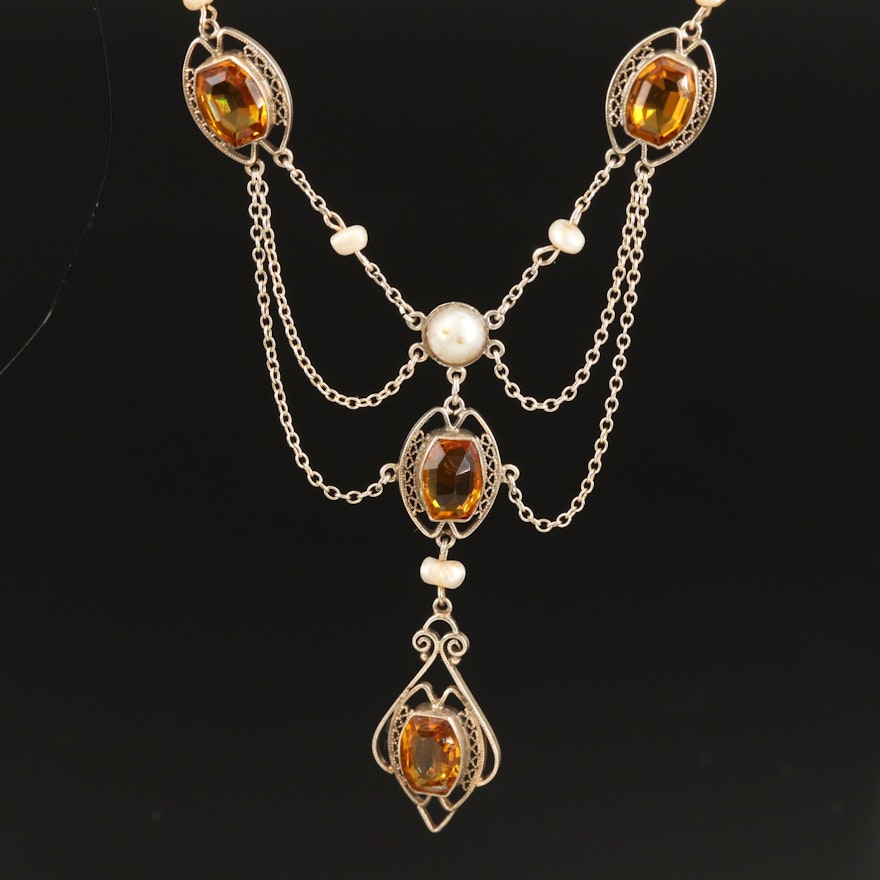 Early 1900s Sterling Pearl and Glass Feston Necklace