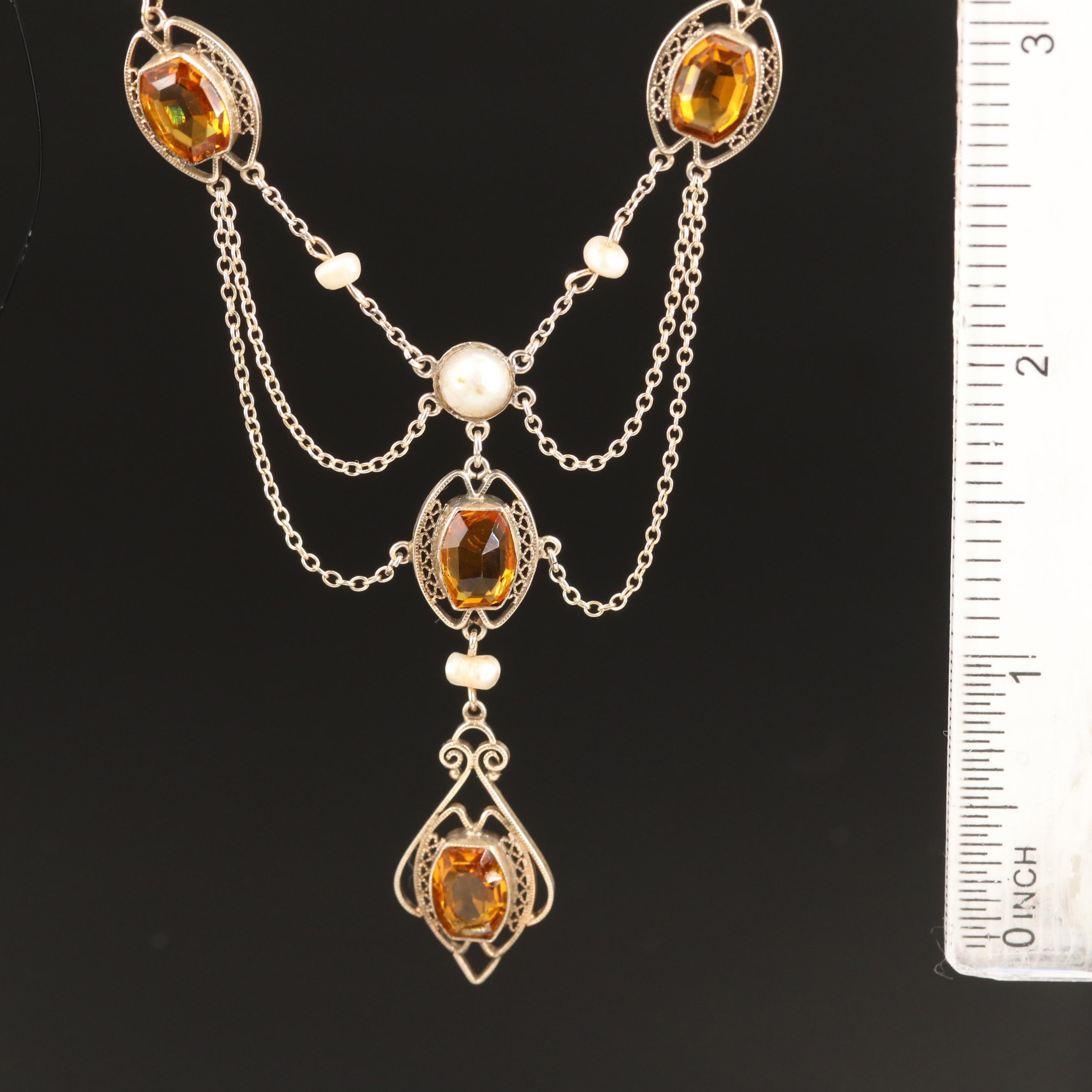 Early 1900s Sterling Pearl and Glass Feston Necklace