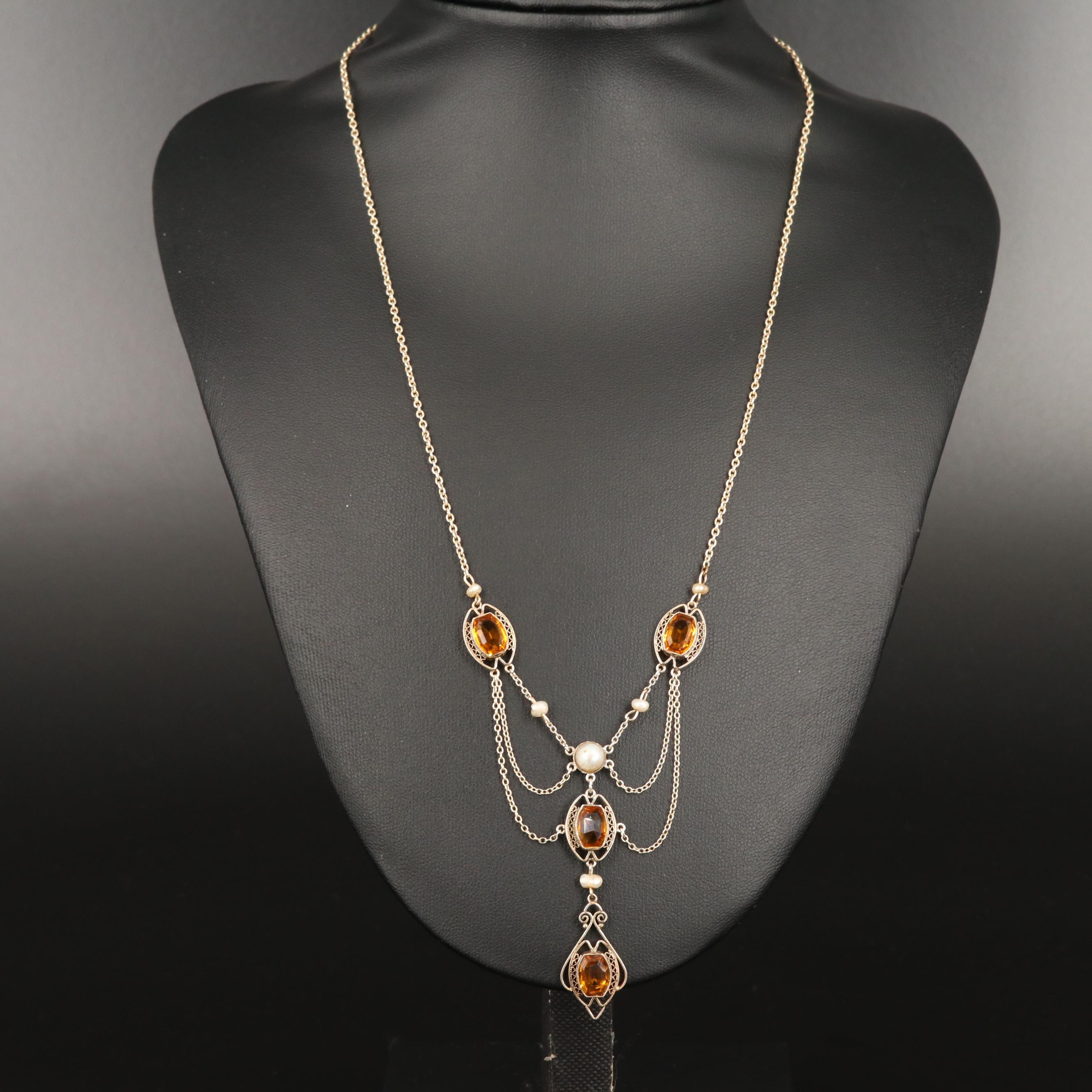 Early 1900s Sterling Pearl and Glass Feston Necklace