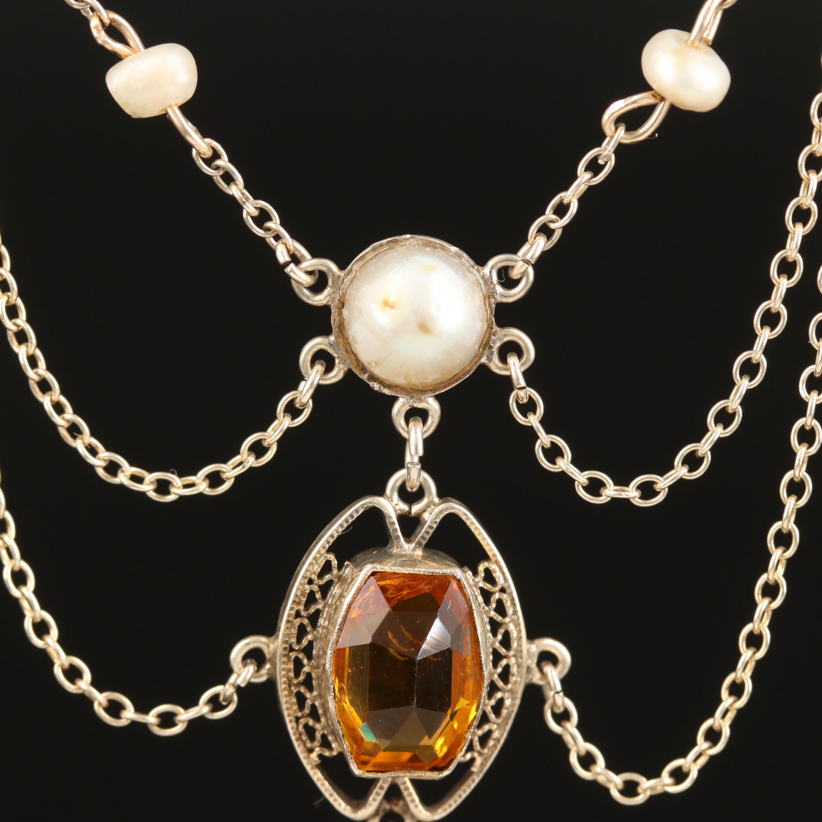 Early 1900s Sterling Pearl and Glass Feston Necklace