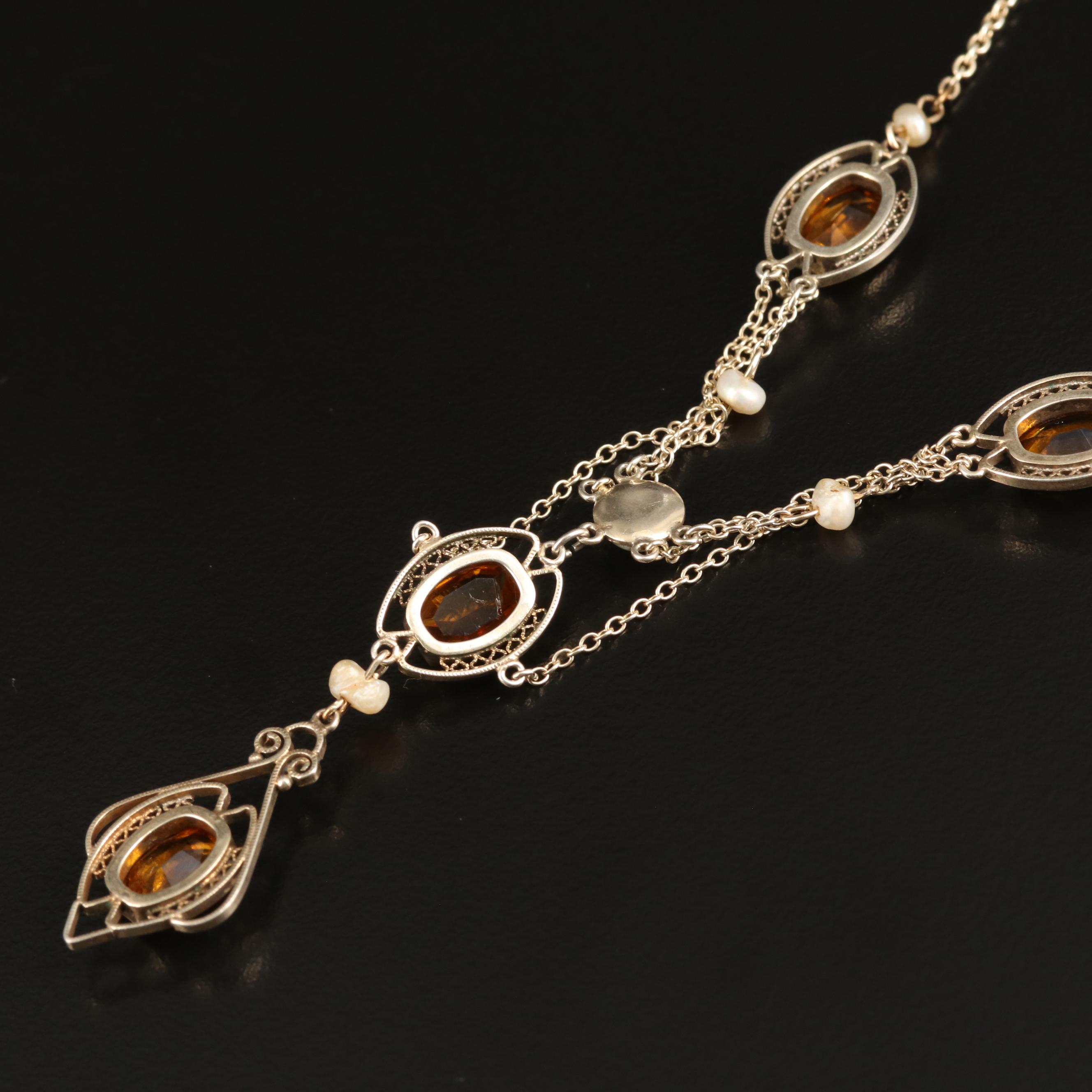 Early 1900s Sterling Pearl and Glass Feston Necklace