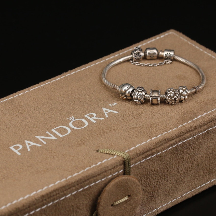 Pandora Sterling Bracelet and Charms Featuring Cubic Zirconia and Organizer Box