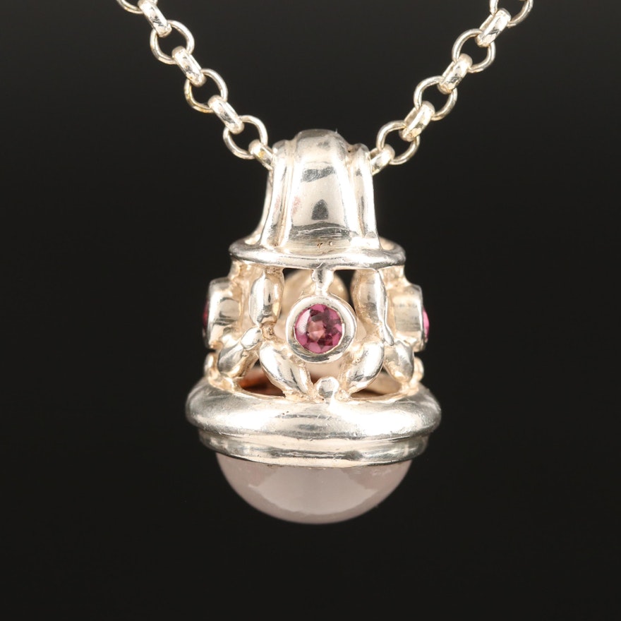 Sterling Silver Rose Quartz and Rhodolite Garnet Drop Pendant Necklace
