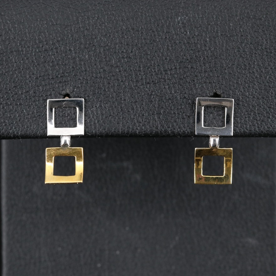 18K Two-Tone Double Square Drop Earrings