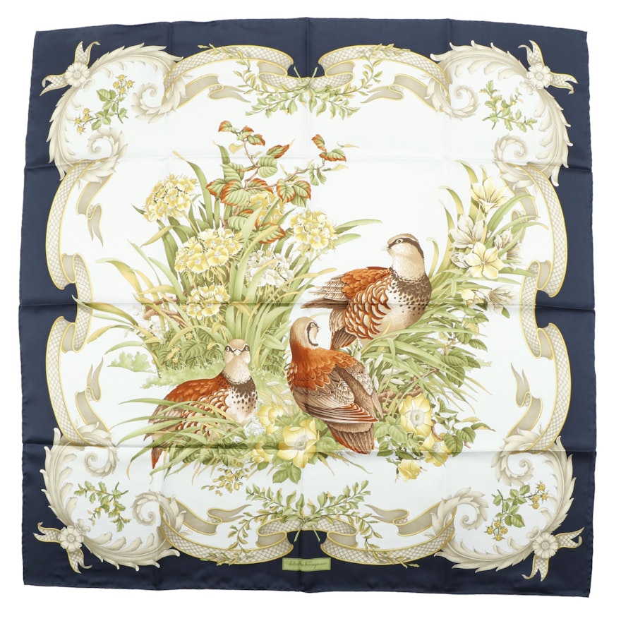 Salvatore Ferragamo Scrolling Foliate Quail and Botanical Silk Scarf