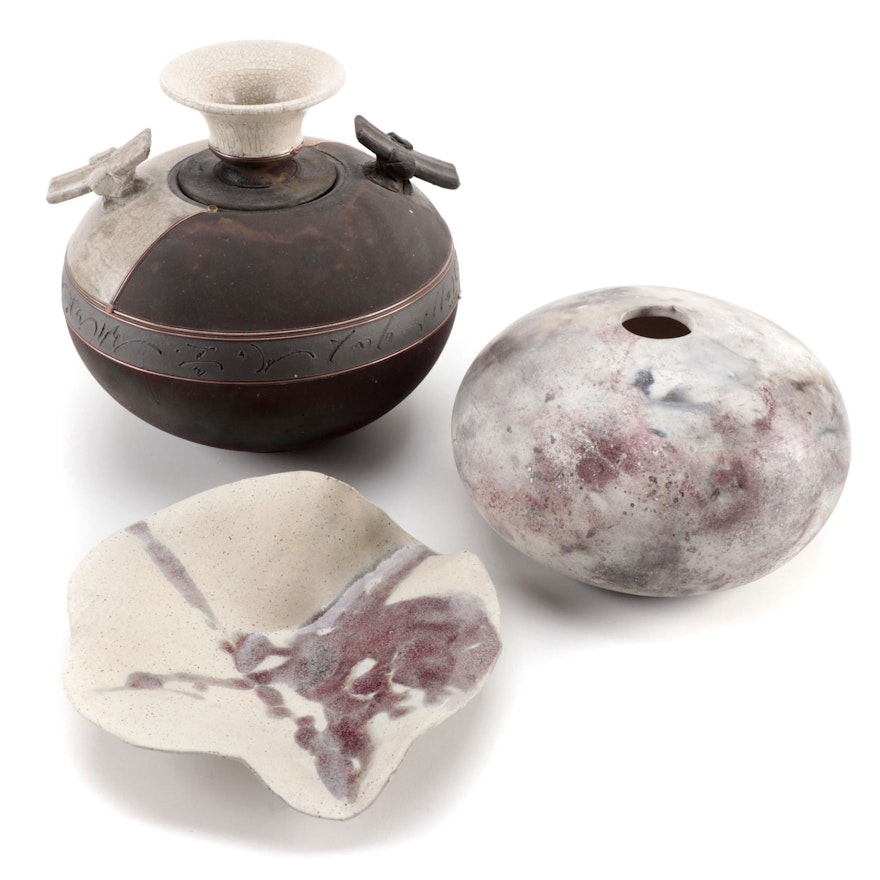 Mari Raku Pottery Vase with Other Pottery Vessel and Bowl