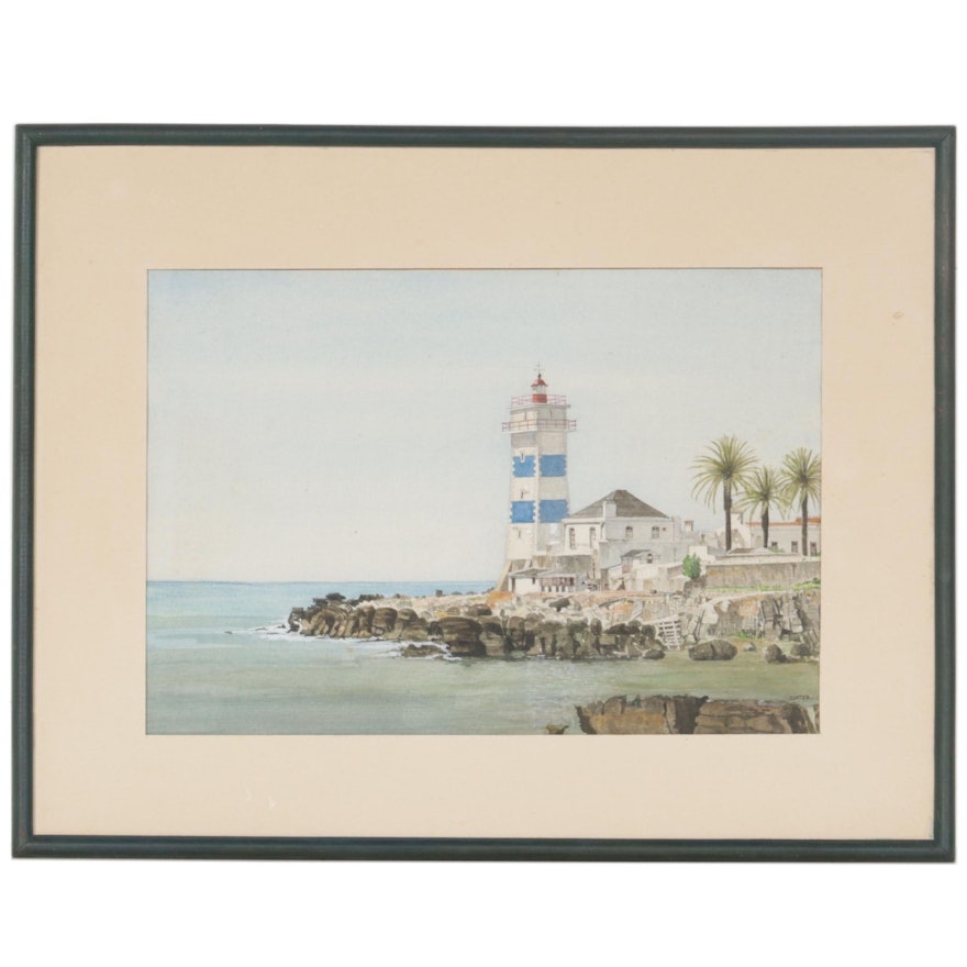 John Edward Coates Watercolor Painting of Santa Marta Lighthouse in Portugal