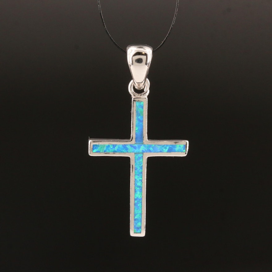 Sterling Silver Opal Inlay Cross Pendant