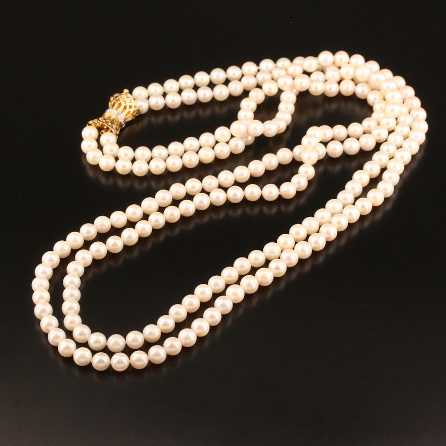 Pearl Double Strand Opera Length Necklace with 14K Diamond Bow Clasp
