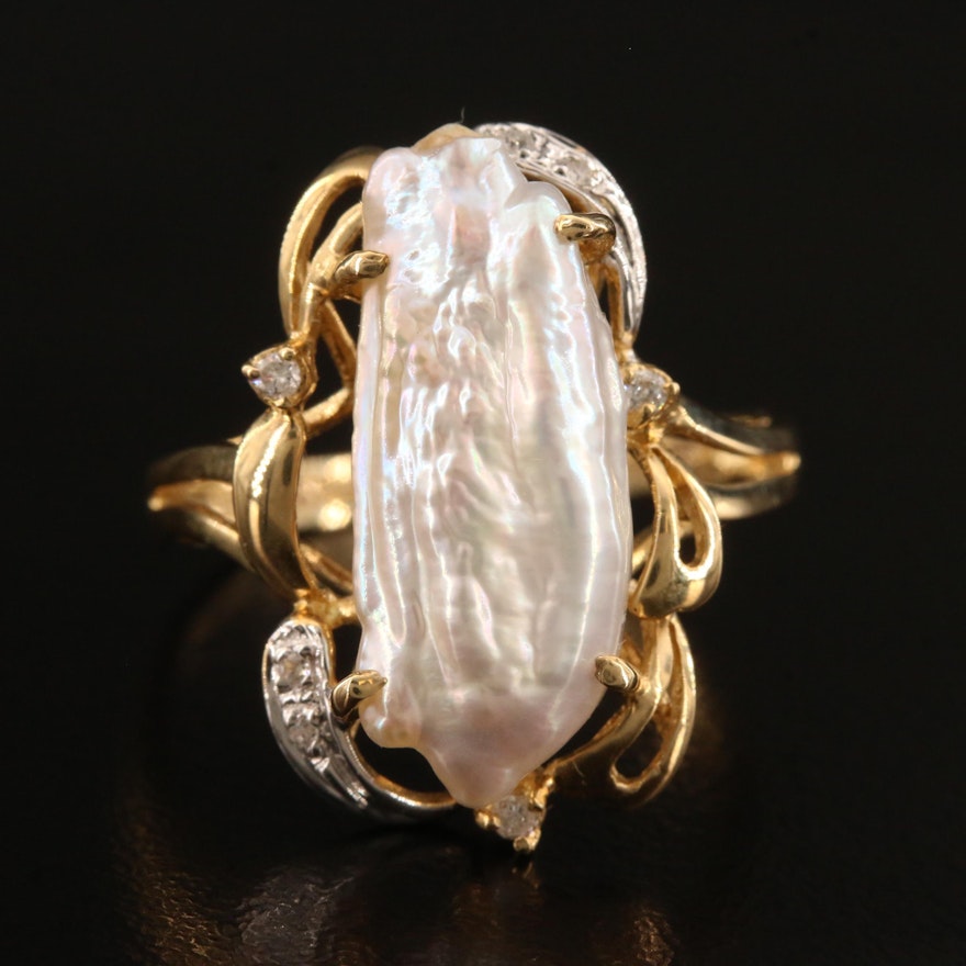 14K Baroque Pearl and Diamond Ring