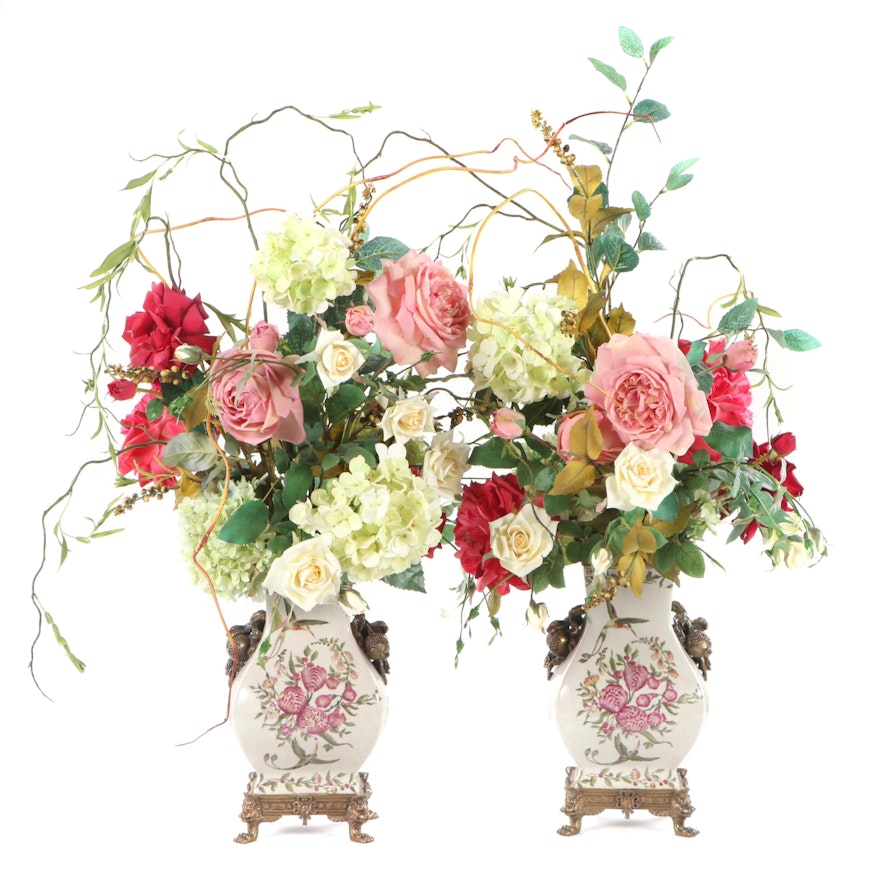 Wong Lee Brass Mounted Porcelain Vases with Artificial Floral Arrangements