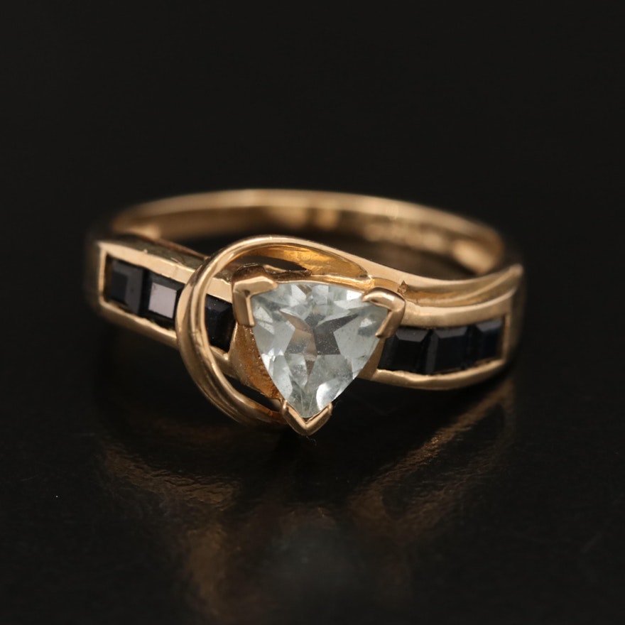 10K Aquamarine Ring with Channel Set Sapphire Shoulders