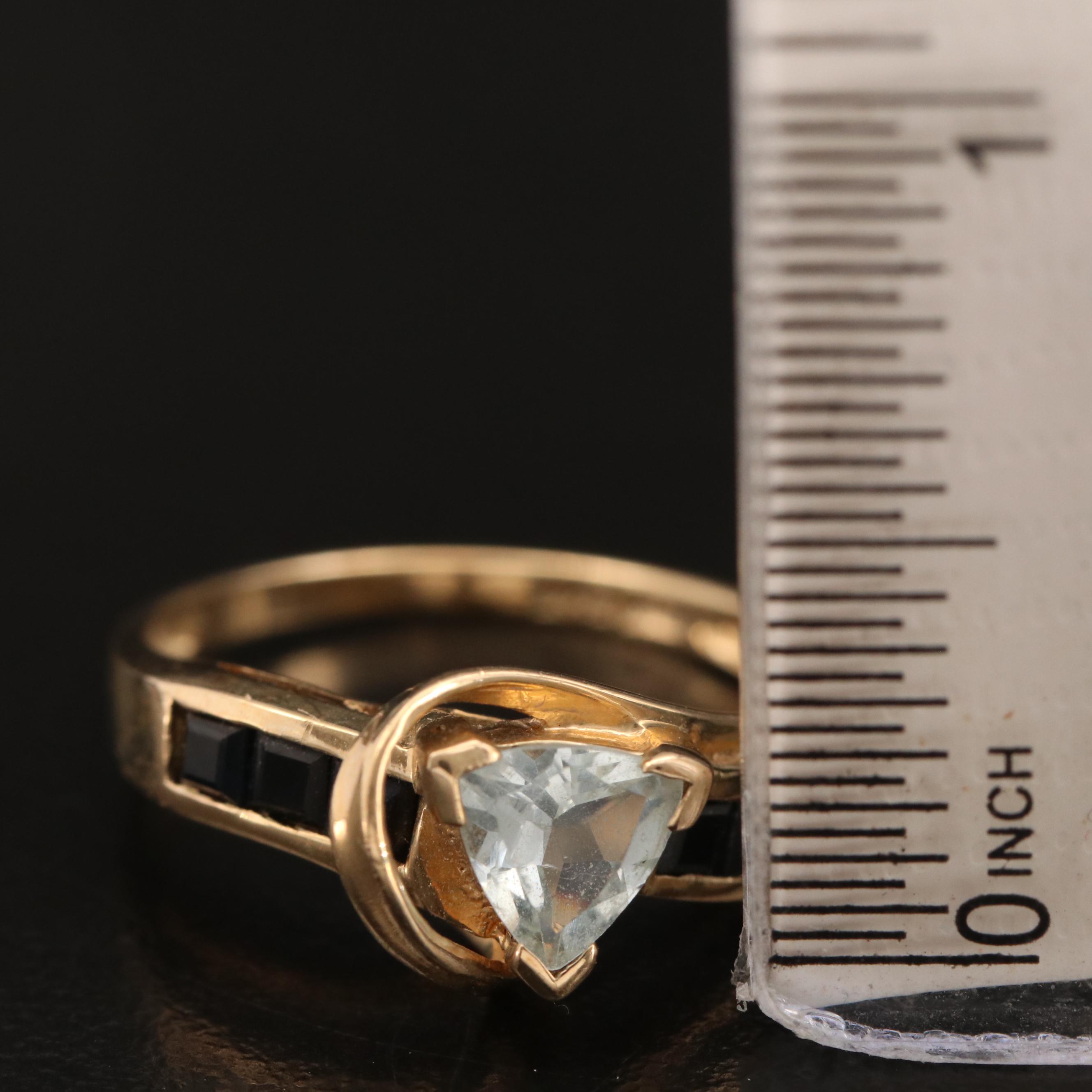 10K Aquamarine Ring with Channel Set Sapphire Shoulders