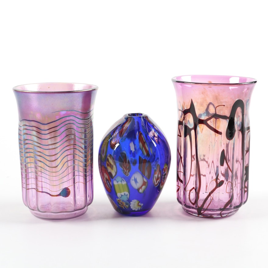 Iridescent Art Glass Vases and Millefiori Art Glass Bud Vase