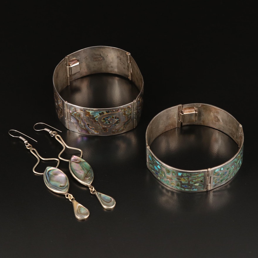 Mexican Panel Bracelets and Alpaca Earrings Including Abalone and Turquoise