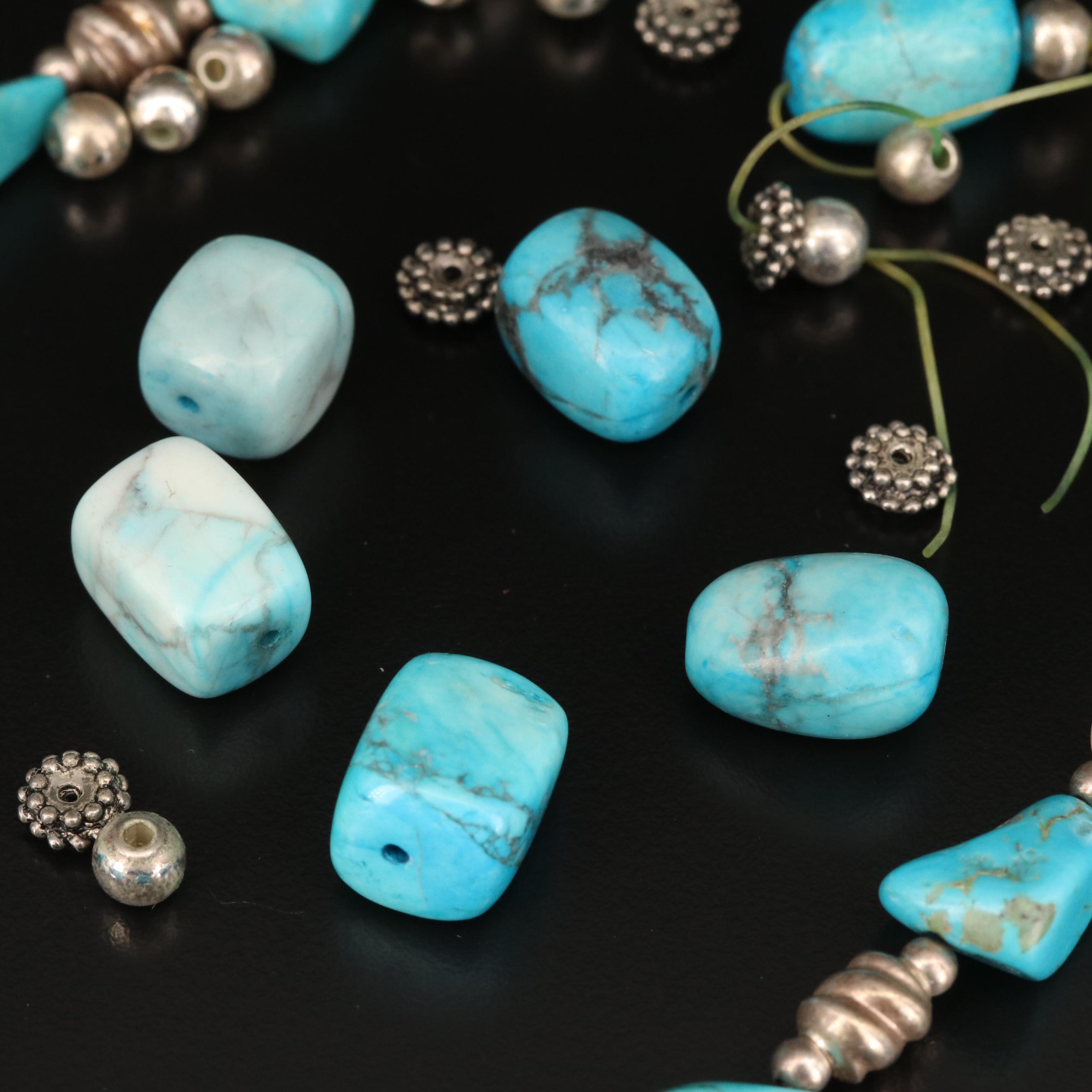 Sterling Silver Turquoise, Pearl and Magnesite Beaded Necklace with Loose Beads