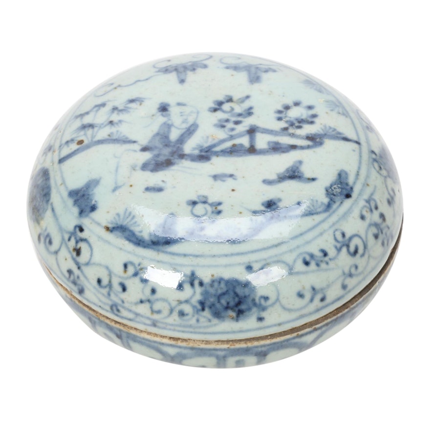 Chinese Blue Glaze Ceramic Round Ink Box, Antique