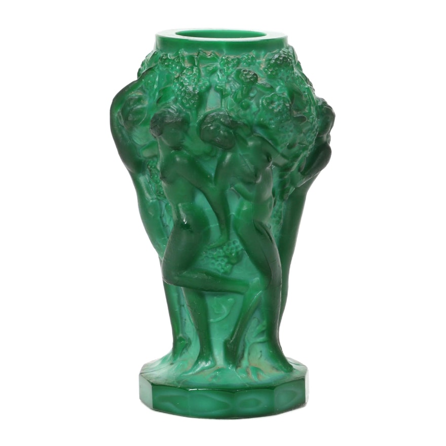 Bohemian Art Nouveau Malachite Glass Bud Vase Designed by Curt Schlevogt