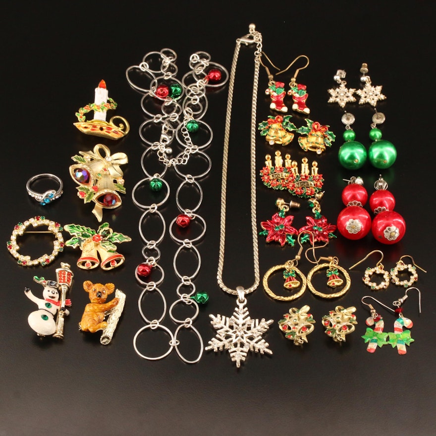 Vintage Christmas Jewelry Featuring Enamel and Glass Accents