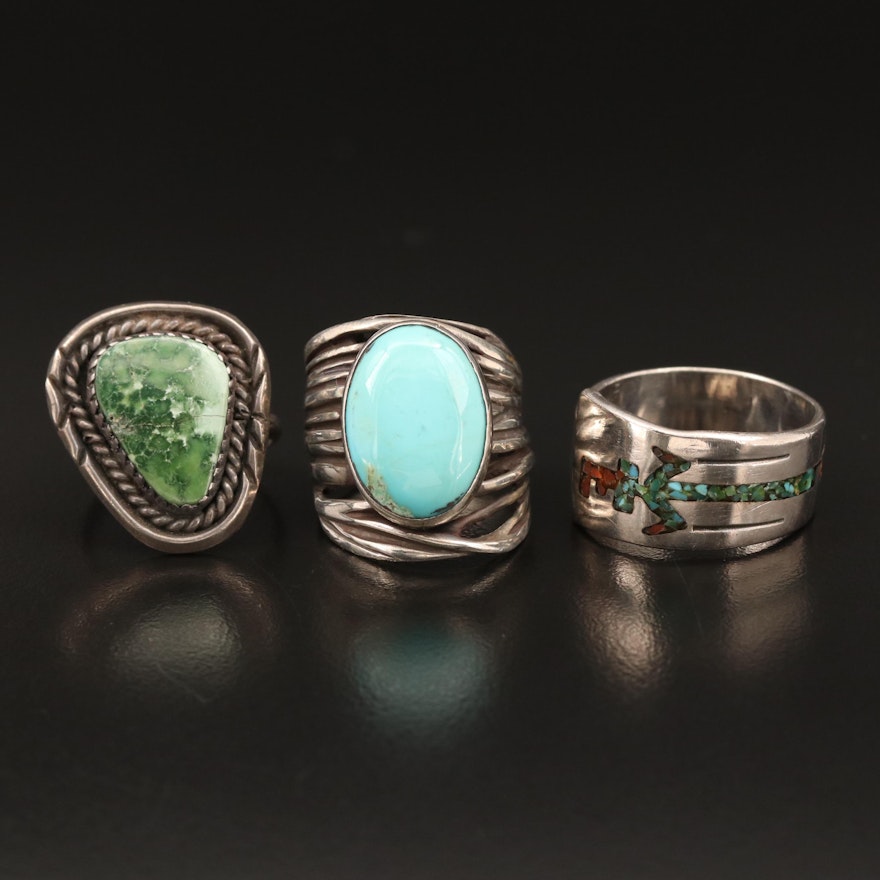 Selection of Southwestern Style Sterling Rings with Resin and Turquoise Accents