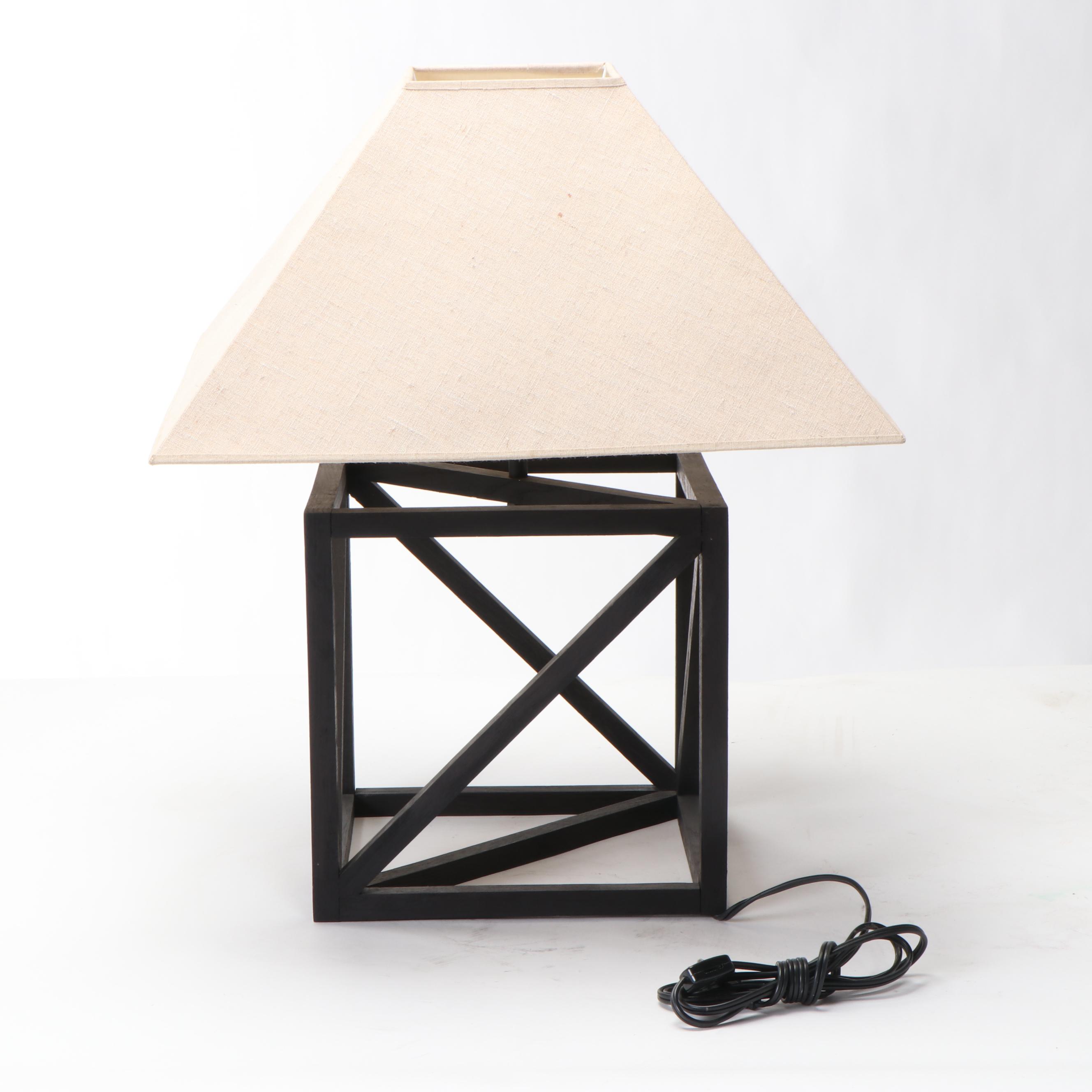 Modernist Loft Style Ebonized and Slatted Wood Cube-Form Table Lamp
