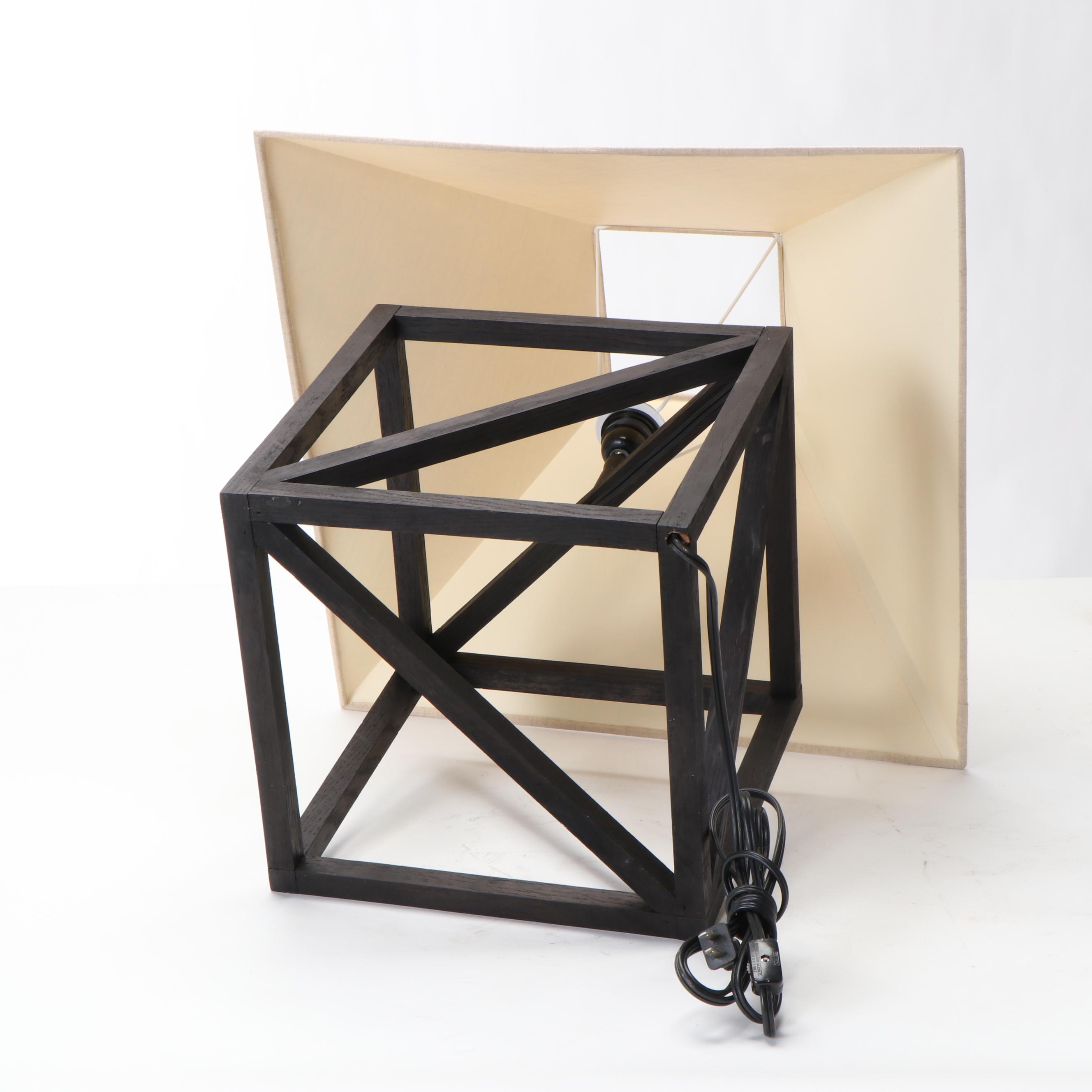 Modernist Loft Style Ebonized and Slatted Wood Cube-Form Table Lamp